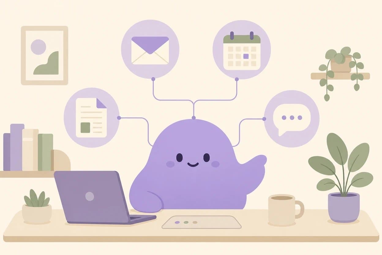 Ilustración plana: el personaje morado de Zapians al centro de un escritorio ordenado, conectado por líneas a un sobre, un calendario, un documento y un globo de chat