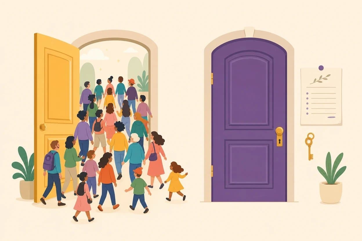 Ilustración plana: dos puertas lado a lado — una abierta con una fila de personajes de colores entrando, y una puerta morada cerrada con un contrato y una llave al costado