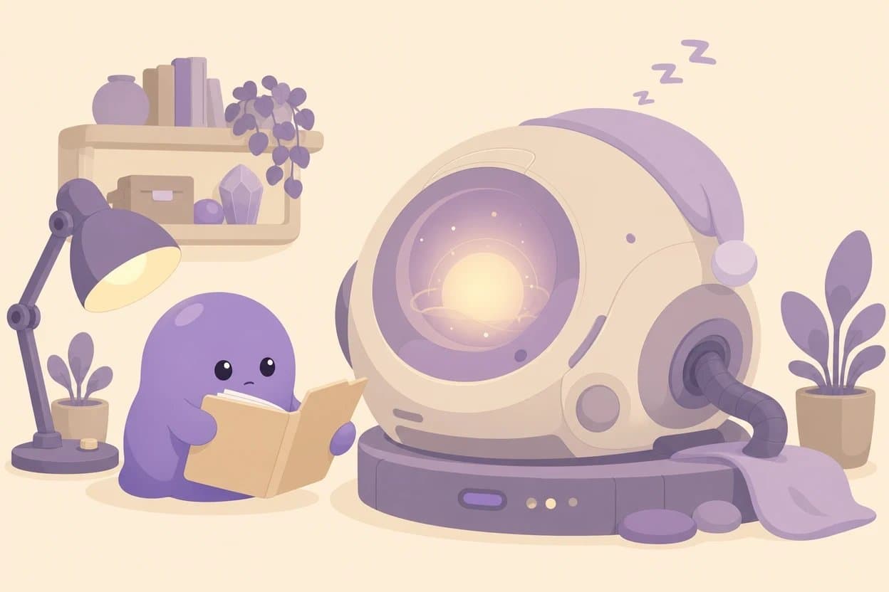 Ilustración plana: el personaje morado de Zapians le lee una carpeta a una gran máquina redonda dormida con el núcleo encendido